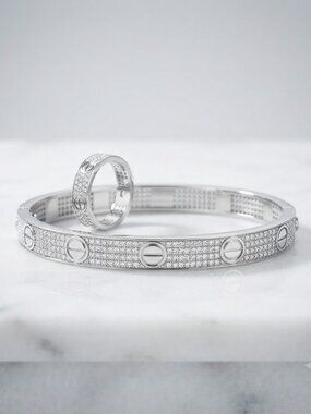 925 Sterling Silver Moissanite Screw Motif Bangle & Ring Set 7